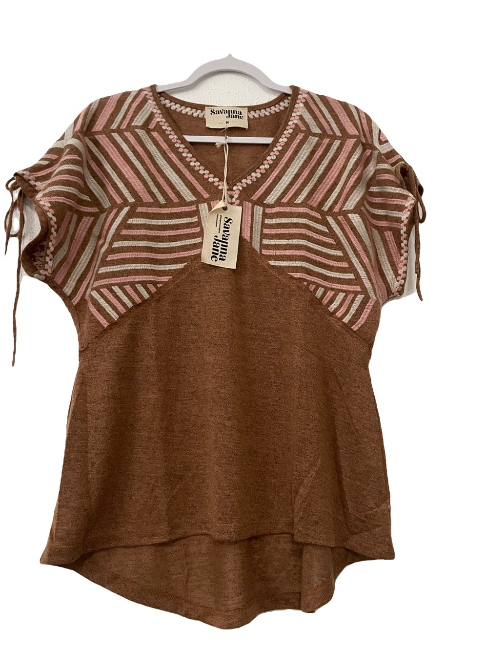 Savanna Jane Brown Knit Short Sleeve Tunic with Pink & Cream Stripes